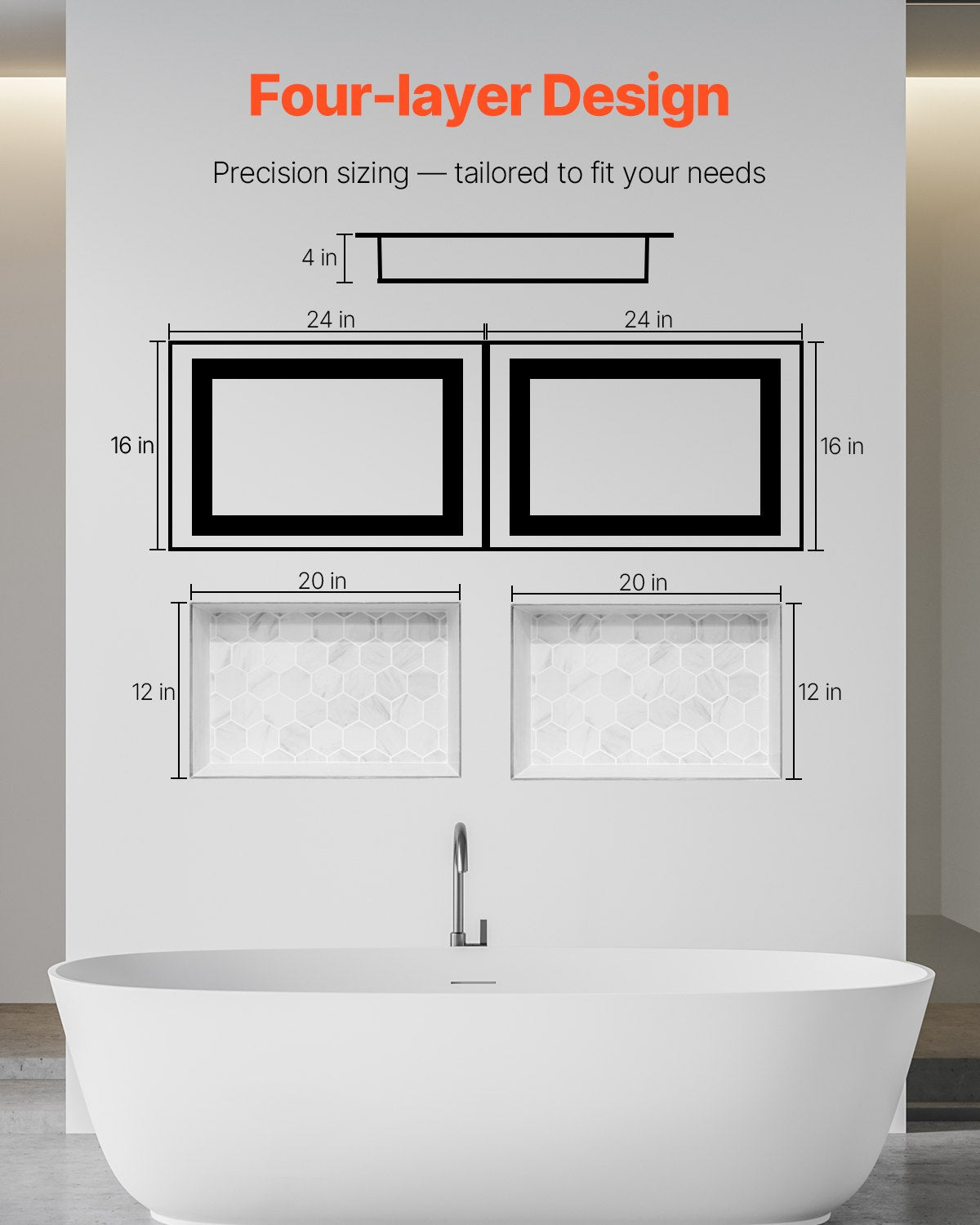 Shower Niche, 16 x 24 inch + 16 x 24 inch Recessed Wall Niche with Movable Shelf, 4 inch Thick Modern Soap&Shampoo Storage Organizer,Square Corners,Sealed Waterproof,Black for Bathroom Shower
