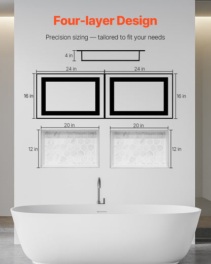 Shower Niche, 16 x 24 inch + 16 x 24 inch Recessed Wall Niche with Movable Shelf, 4 inch Thick Modern Soap&Shampoo Storage Organizer,Square Corners,Sealed Waterproof,Black for Bathroom Shower