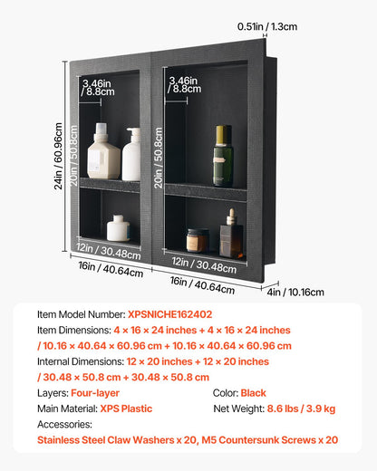 Shower Niche, 16 x 24 inch + 16 x 24 inch Recessed Wall Niche with Movable Shelf, 4 inch Thick Modern Soap&Shampoo Storage Organizer,Square Corners,Sealed Waterproof,Black for Bathroom Shower