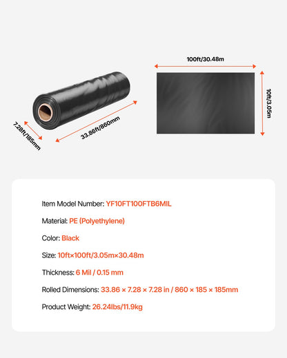 6Mil Plastikfolienrolle 10 x 100 ft Hochleistungs-Polyethylen Schwarz