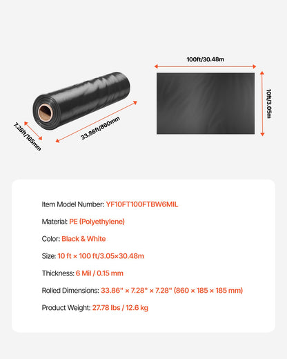 10' x 100' Plastic Sheeting Heavy Duty, 6 Mil Thick Plastic Sheeting Roll, Plastic Drop Cloth Painters Tarp Covering for Crawl Space Vapor Barrier, Black and White Double-Sided, Multi-Purpose