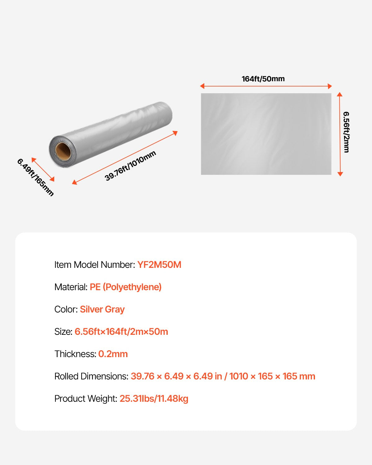 8Mil plastfolierulle 6,5 x 164 FT Heavy Duty polyetengrå