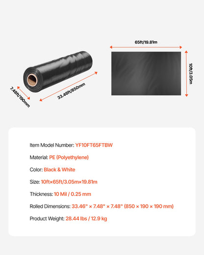 10 Mil Plastic Sheeting Heavy Duty 10' x 65', Thick Plastic Sheeting Roll, Plastic Drop Cloth Painters Tarp Covering for Crawl Space Vapor Barrier, Black and White Double-Sided, Multi-Purpose