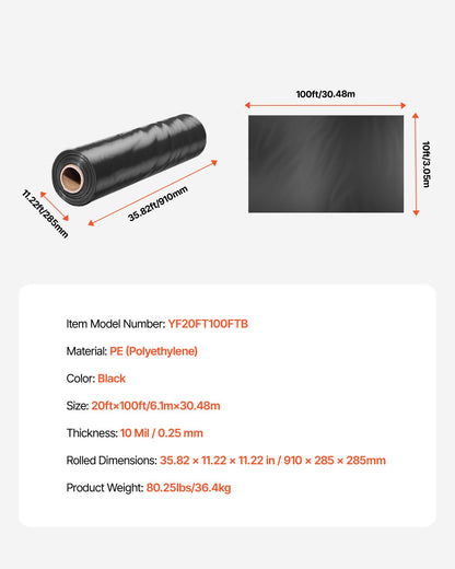 10 Mil Plastic Sheeting Heavy Duty 20' x 100', Thick Plastic Sheeting Roll, Plastic Drop Cloth Painters Tarp, Polyethylene Covering for Crawl Space Vapor Barrier, Multi-Purpose, Black