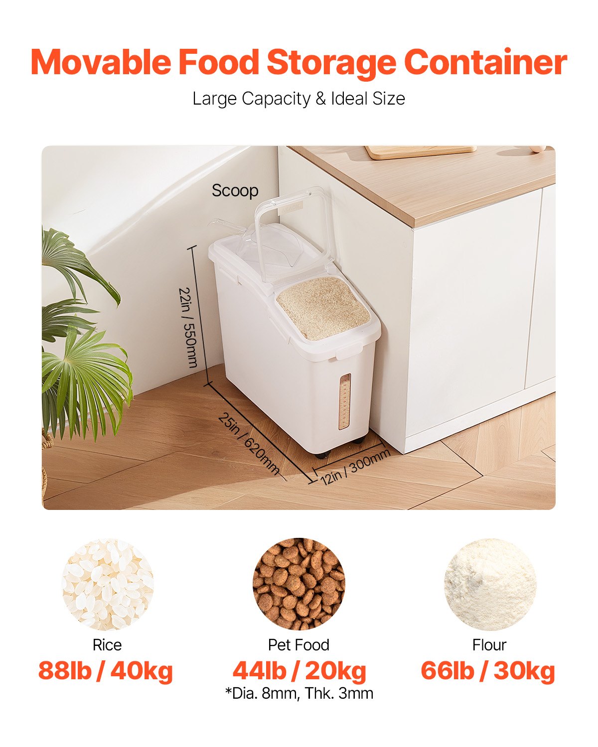 Rice Storage Container, 11.4Gallon/50L Capacity Large Dog Food Dispenser Bin, Kitchen Ingredient Grain Cereal Flour Bin, Pet food Containers with Wheels, Scoop, Scale Line, Airtight Lid, 1 Pack