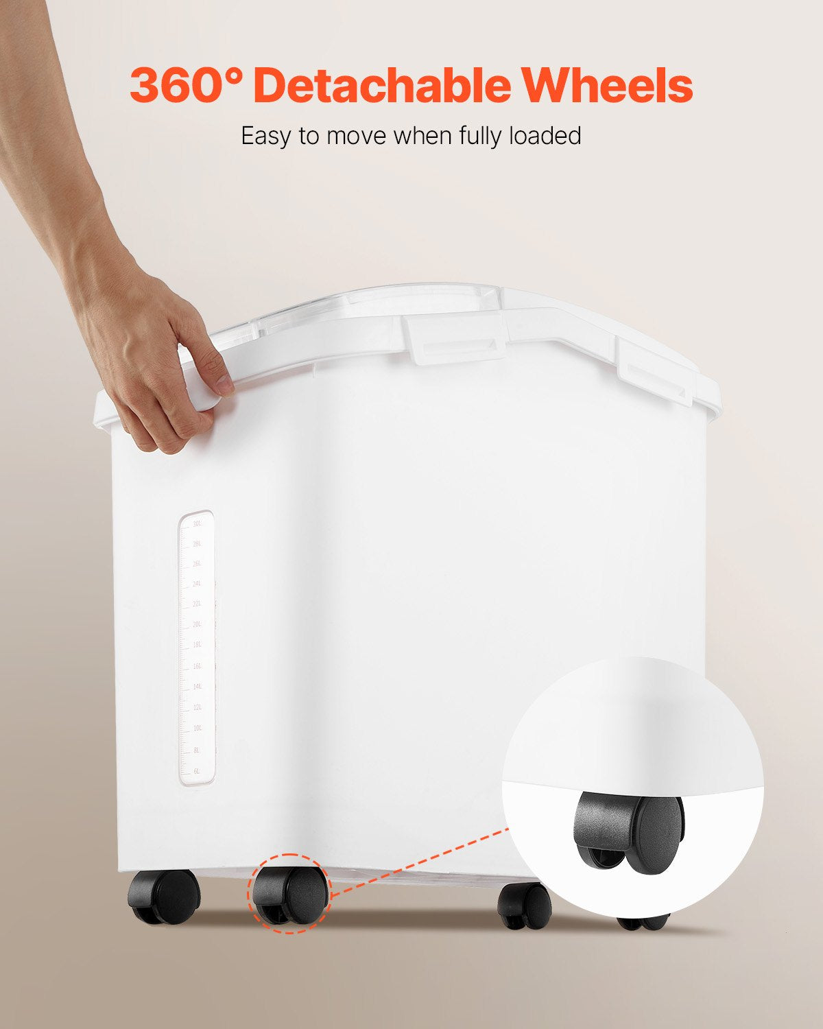 Rice Storage Container, 11.4Gallon/50L Capacity Large Dog Food Dispenser Bin, Kitchen Ingredient Grain Cereal Flour Bin, Pet food Containers with Wheels, Scoop, Scale Line, Airtight Lid, 1 Pack