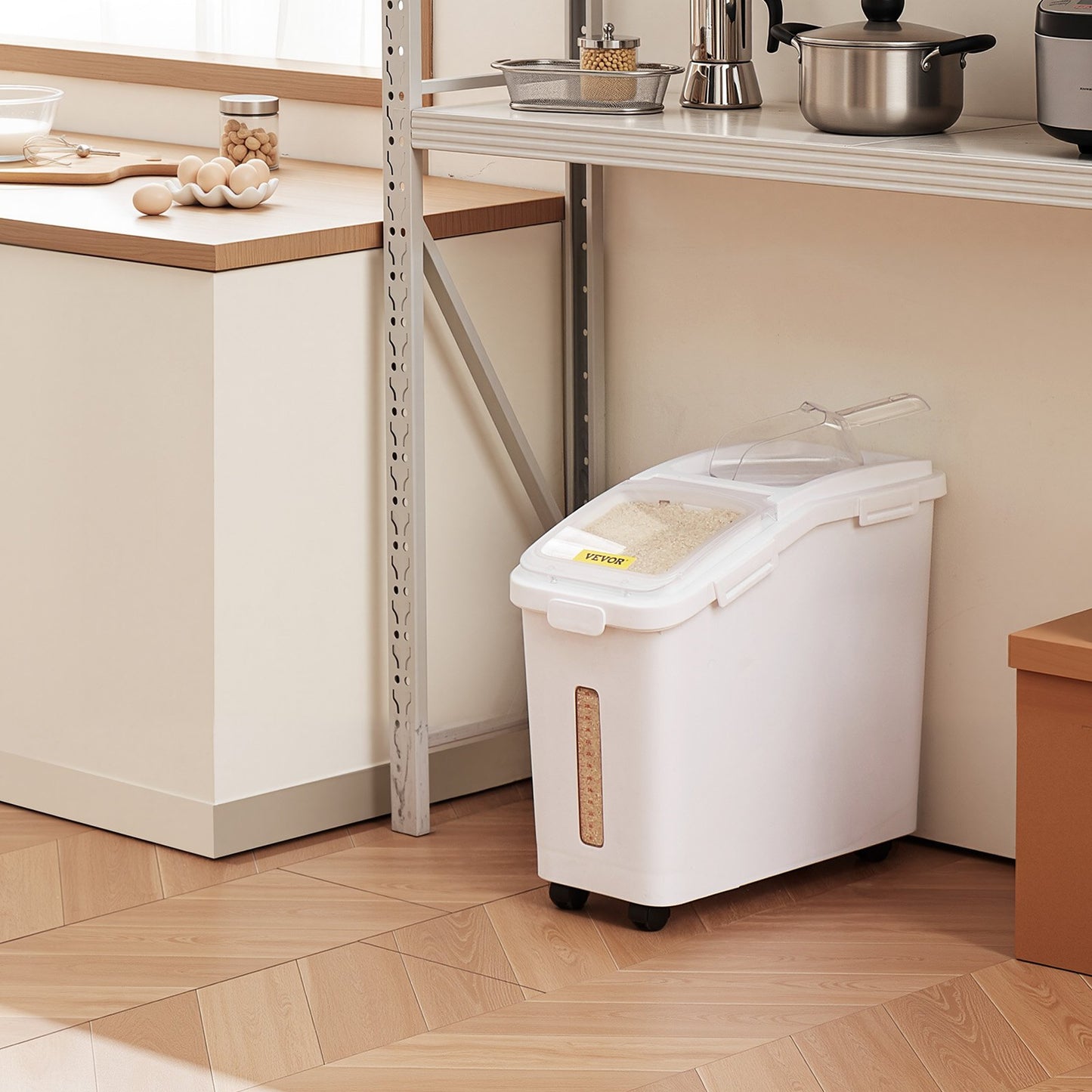 Rice Storage Container, 11.4Gallon/50L Capacity Large Dog Food Dispenser Bin, Kitchen Ingredient Grain Cereal Flour Bin, Pet food Containers with Wheels, Scoop, Scale Line, Airtight Lid, 1 Pack