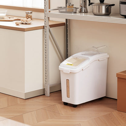 Rice Storage Container, 11.4Gallon/50L Capacity Large Dog Food Dispenser Bin, Kitchen Ingredient Grain Cereal Flour Bin, Pet food Containers with Wheels, Scoop, Scale Line, Airtight Lid, 1 Pack