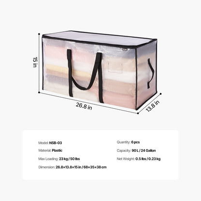 90L Large Storage Bags, 6 Pack Clothes Storage Bins, Foldable Closet Organizers Containers with Reinforced Handle, Plastic Storage Bags for Clothing, Blanket, Comforter, Bed Sheet, and Pillow