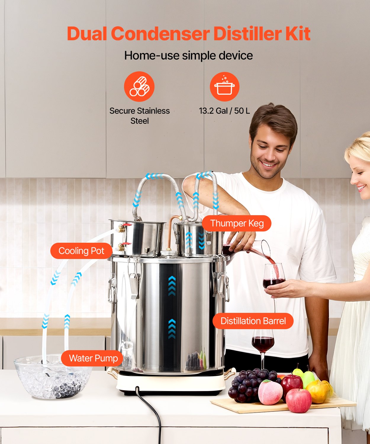 Moonshine Stillwasser-Alkohol-Destilliergerät, 13,2 Gallonen, mit Thumper-Fass und Wasserpumpe