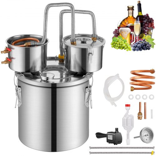 Alcohol Still, 13.2 Gal / 50 L Stainless Steel Water Alcohol Distiller with Copper Coil for Fast Cooling, Dual Condenser Distiller Kit with Secondary Distillation, for Wine Whisky Brandy, Silver