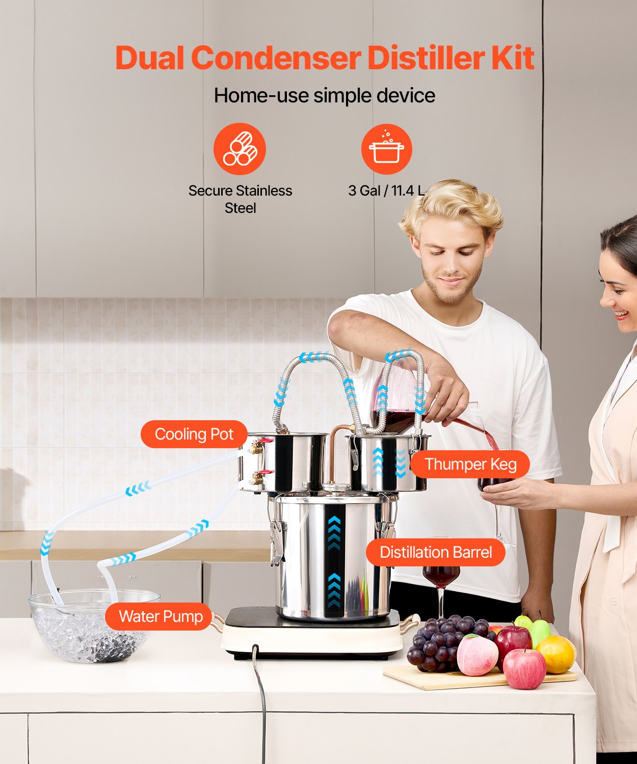 Moonshine Stillwasser-Alkohol-Destilliergerät, 3 Gallonen, mit Thumper-Fass und 8-W-Wasserpumpe