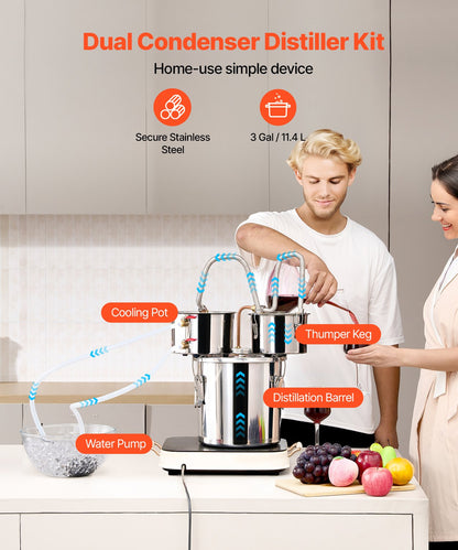 Moonshine Stillwasser-Alkohol-Destilliergerät, 3 Gallonen, mit Thumper-Fass und 8-W-Wasserpumpe
