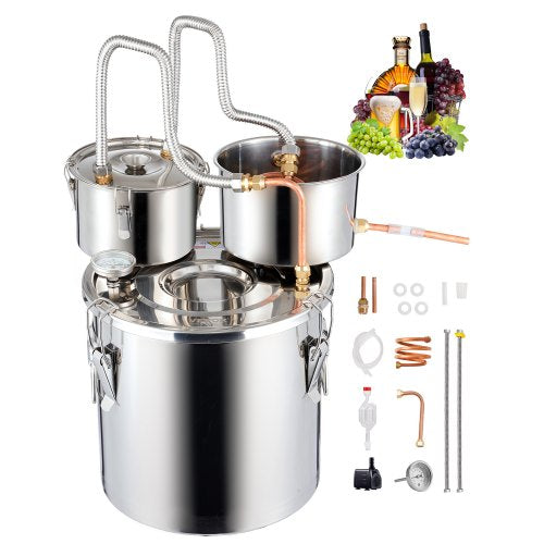 Alcohol Still, 5 Gal / 19 L Stainless Steel Water Alcohol Distiller with Copper Coil for Fast Cooling, Dual Condenser Distiller Kit with Secondary Distillation, for Wine Whisky Brandy, Silver