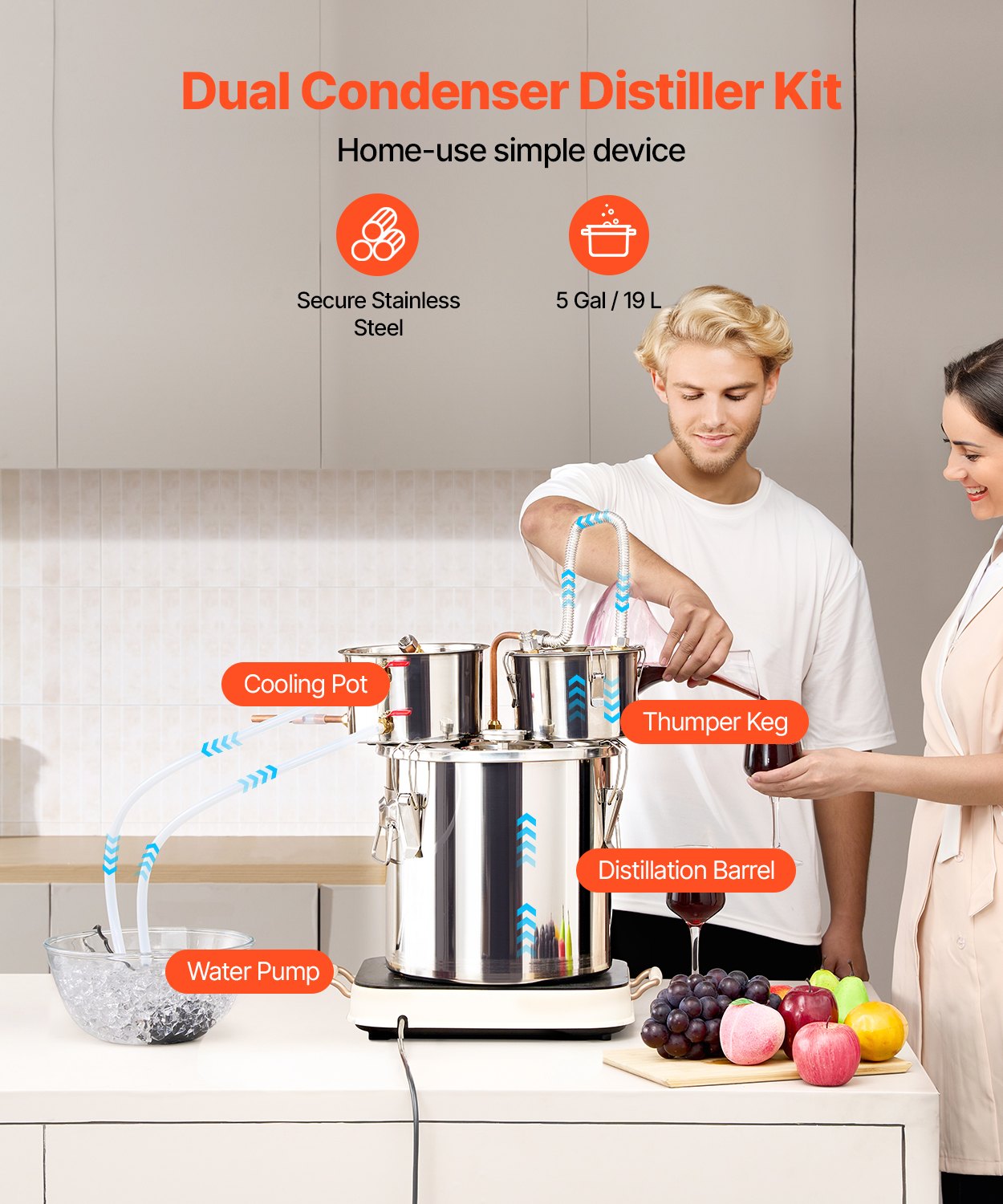 Moonshine Stillwasser-Alkohol-Destilliergerät, 5 Gallonen, mit Thumper-Fass und 8-W-Wasserpumpe