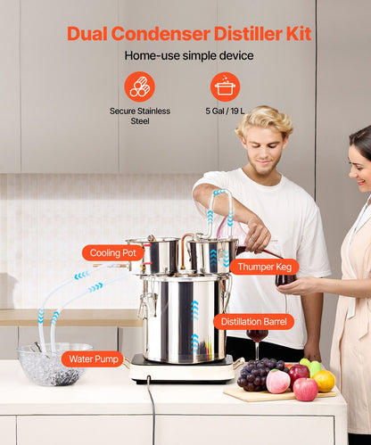 Moonshine Stillwasser-Alkohol-Destilliergerät, 5 Gallonen, mit Thumper-Fass und 8-W-Wasserpumpe