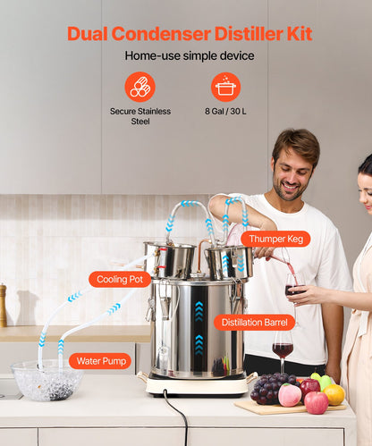 Moonshine Stillwasser-Alkohol-Destilliergerät, 8 Gallonen, mit Thumper-Fass und 8-W-Wasserpumpe