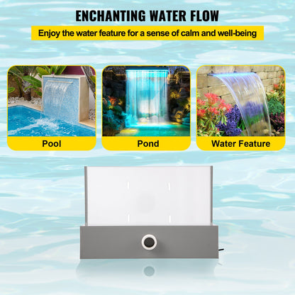 Pool Fountain Spillway 11.8x3.2x8.1 Inches, Fountain Spillway Blue Strip LED Light, Pool Waterfall Fountain Solid Acryl, Pool Waterfall for Garden Pond, Swimming Pool, Squares
