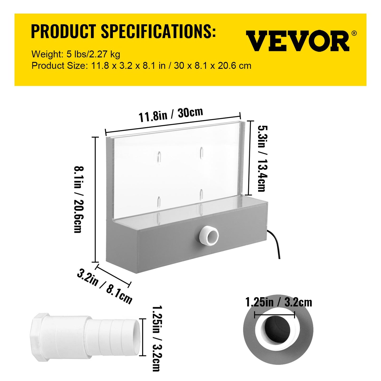 Pool Fountain Spillway 11.8x3.2x8.1 Inches, Fountain Spillway Blue Strip LED Light, Pool Waterfall Fountain Solid Acryl, Pool Waterfall for Garden Pond, Swimming Pool, Squares