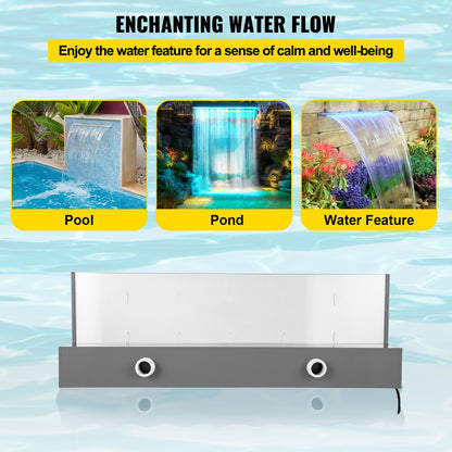 Fountain Spillway 23.6x3.2x8.1 Inch, Pool Waterfall Fountain 17 Colors Led, Pool Water Fall Kit with Remote, Pool Spillway Solid Acrylic Pool Waterfall for Garden Pond, Swimming Pool, Square
