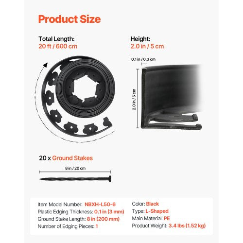 Landskapskant, 600 x 5 cm plastträdgårdskant med 120 spikar, grävfri, flexibel gräskant i rulle, UV-resistent mini-staketkanter gångkanter för blomsterrabatter marksten |  EU