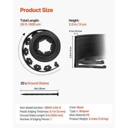 Landskapskant, 600 x 5 cm plastträdgårdskant med 120 spikar, grävfri, flexibel gräskant i rulle, UV-resistent mini-staketkanter gångkanter för blomsterrabatter marksten |  EU