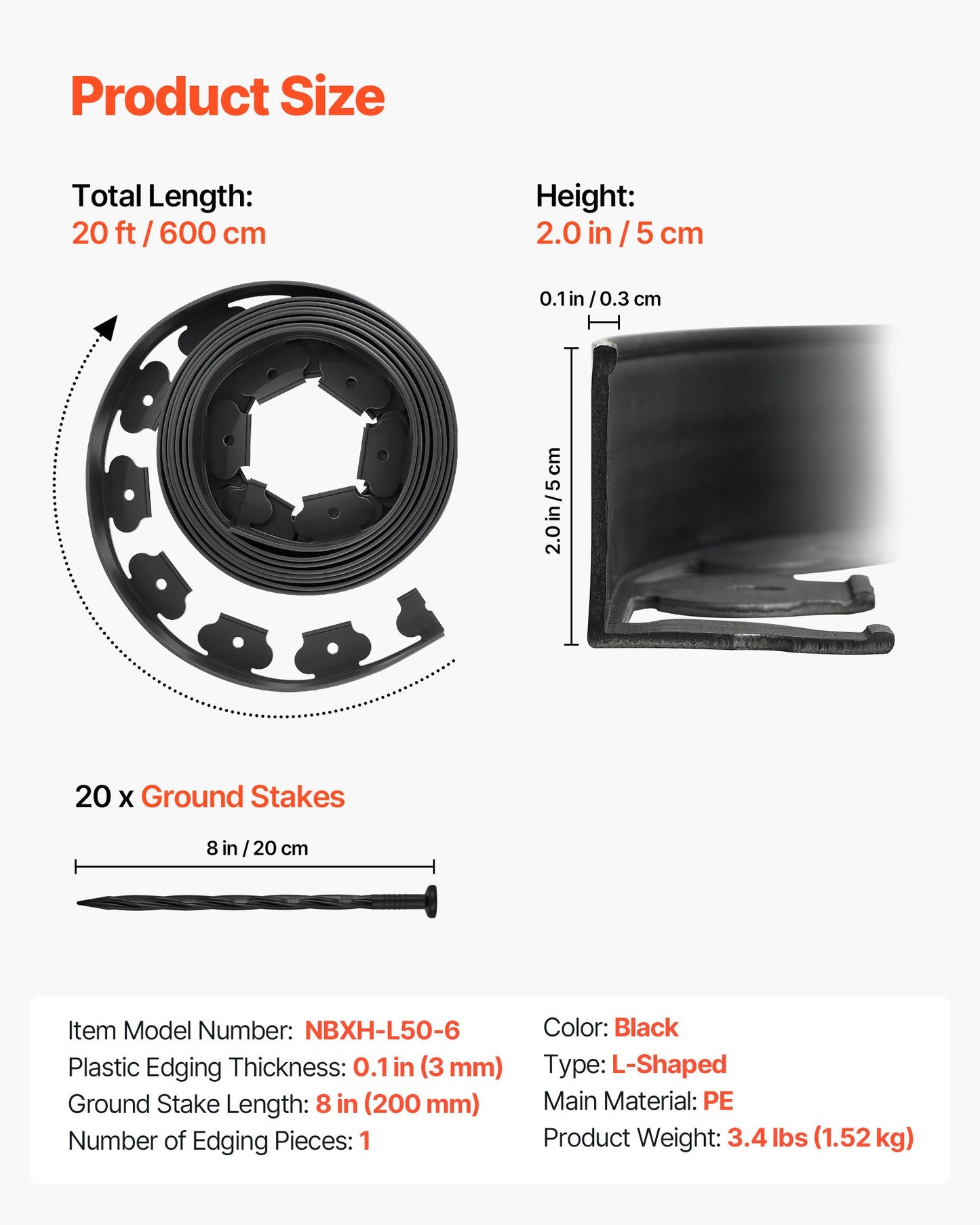 Landscape Edging, 20 ft x 2 in Plastic Garden Border Edging with 120 Spikes, No Dig, Flexible Lawn Edgings Roll, UV-Resistant Mini Fence Borders Pathway Edgings for Flower Beds Yard Paver