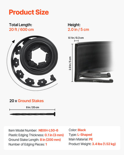Landscape Edging, 20 ft x 2 in Plastic Garden Border Edging with 120 Spikes, No Dig, Flexible Lawn Edgings Roll, UV-Resistant Mini Fence Borders Pathway Edgings for Flower Beds Yard Paver