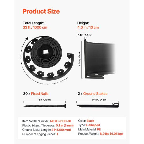 Landskapskant, 1000 x 10 cm plastträdgårdskant med 30 spikar och 2 markpinnar, grävfri, flexibel gräskantrulle, UV-resistent mini-staketkant för rabatter, marksten |  EU