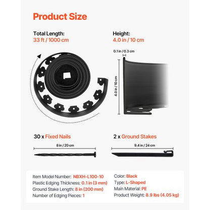 Landskapskant, 1000 x 10 cm plastträdgårdskant med 30 spikar och 2 markpinnar, grävfri, flexibel gräskantrulle, UV-resistent mini-staketkant för rabatter, marksten |  EU
