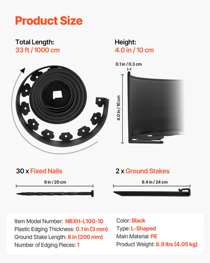 Landscape Edging, 33 ft x 4 in Plastic Garden Border Edging with 30 Spikes & 2 Ground Stakes, No Dig, Flexible Lawn Edgings Roll, UV-Resistant Mini Fence Borders for Flower Beds Yard Paver