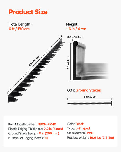 Landscape Edging Border, 10Pcs 6 ft x 1.6 in Plastic Garden Edging with 60 Spikes, Sun-Resistant Flowerbed Borders, DIY Layout, No Dig Garden Edger Border Divider for Lawn Edgings for Yard