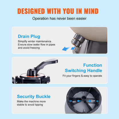 Sandfilter, 16-tums, upp till 35 GPM flödeshastighet, ovanför ingående poolsandfiltersystem med 7-vägs flerportsventil, filter, backspolning, sköljning, recirkulera, avfall, vinter, stängda funktioner