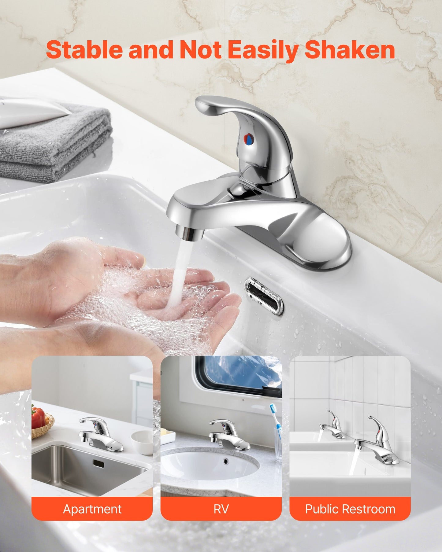 Single Handle Sink Faucet, Chrome-Plated Silver Single Handle Bathroom Faucet, Kitchen Water Faucets with Overflow 1 or 3 Hole, Suitable for Bathroom, RV, Bar Sink, Public Restroom, Press-Type