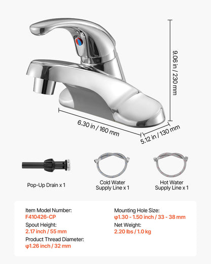 Single Handle Sink Faucet, Chrome-Plated Silver Single Handle Bathroom Faucet, Kitchen Water Faucets with Overflow 1 or 3 Hole, Suitable for Bathroom, RV, Bar Sink, Public Restroom, Press-Type
