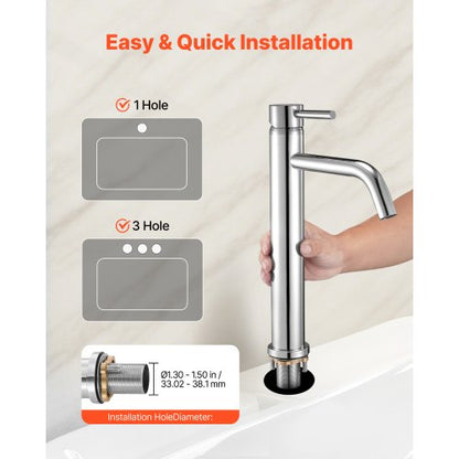 Enkelgreppsblandare, Förkromad Silverfärgad Kökshandfat, Köksvattenblandare med 1 eller 3 hål och tryckknappsavlopp, Lämplig för Badrum, Husbil, Bar, Offentlig Toalett, Högbågsblandare |  EU