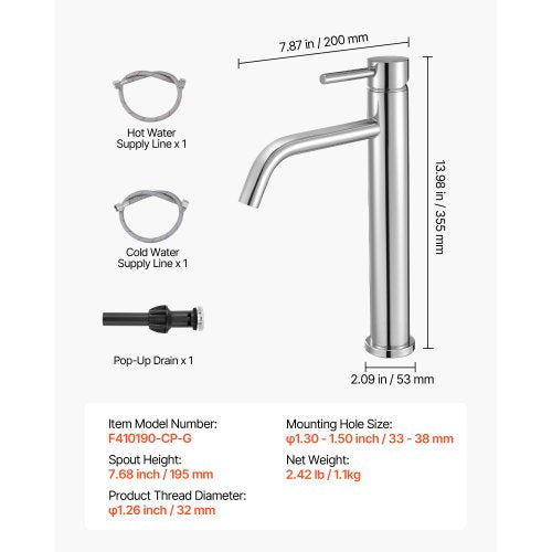 Enkelgreppsblandare, Förkromad Silverfärgad Kökshandfat, Köksvattenblandare med 1 eller 3 hål och tryckknappsavlopp, Lämplig för Badrum, Husbil, Bar, Offentlig Toalett, Högbågsblandare |  EU
