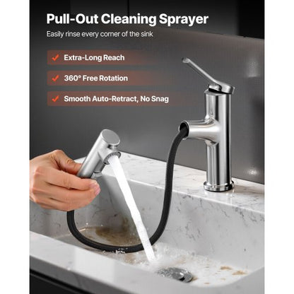 Enkelgreppsblandare för handfat, Utdragbar kran med ett eller tre hål, Tvättställsblandare i borstat nickel, rostfritt stål med tryckknapp, Lämplig för badrum, husbil, offentlig toalett, Blyfri |  EU