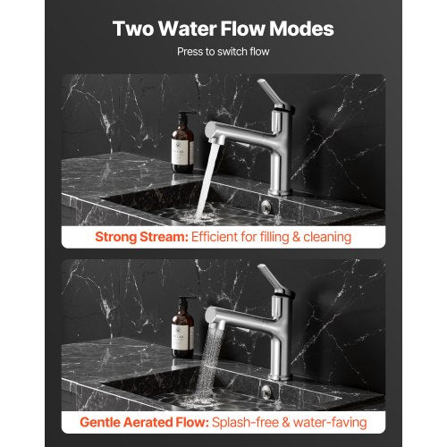 Enkelgreppsblandare för handfat, Utdragbar kran med ett eller tre hål, Tvättställsblandare i borstat nickel, rostfritt stål med tryckknapp, Lämplig för badrum, husbil, offentlig toalett, Blyfri |  EU