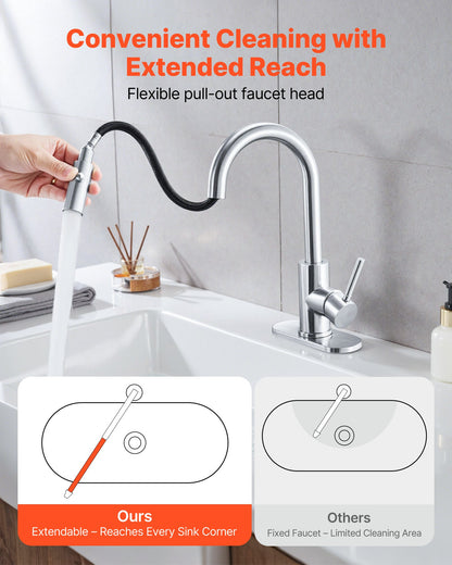 Single Handle Sink Faucet, Brushed Nickel Kitchen Faucet with Pull Down Sprayer, Suitable for Bathroom, RV, Bar Sink, Public Restroom, Stream & Spray Dual Water Flow Modes, Leak-Proof Valve