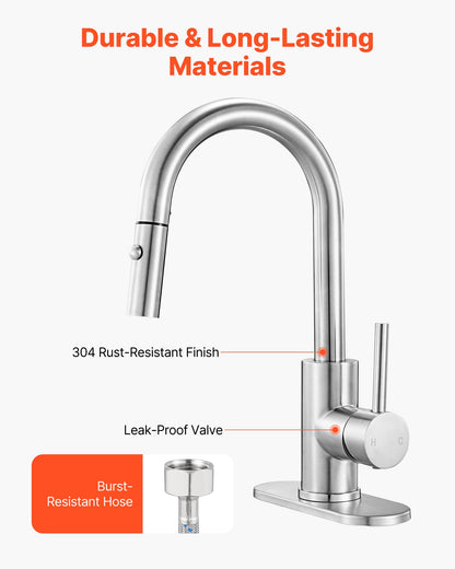 Single Handle Sink Faucet, Brushed Nickel Kitchen Faucet with Pull Down Sprayer, Suitable for Bathroom, RV, Bar Sink, Public Restroom, Stream & Spray Dual Water Flow Modes, Leak-Proof Valve