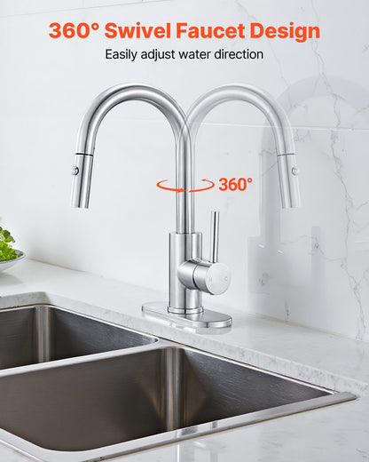 Single Handle Sink Faucet, Brushed Nickel Kitchen Faucet with Pull Down Sprayer, Suitable for Bathroom, RV, Bar Sink, Public Restroom, Stream & Spray Dual Water Flow Modes, Leak-Proof Valve