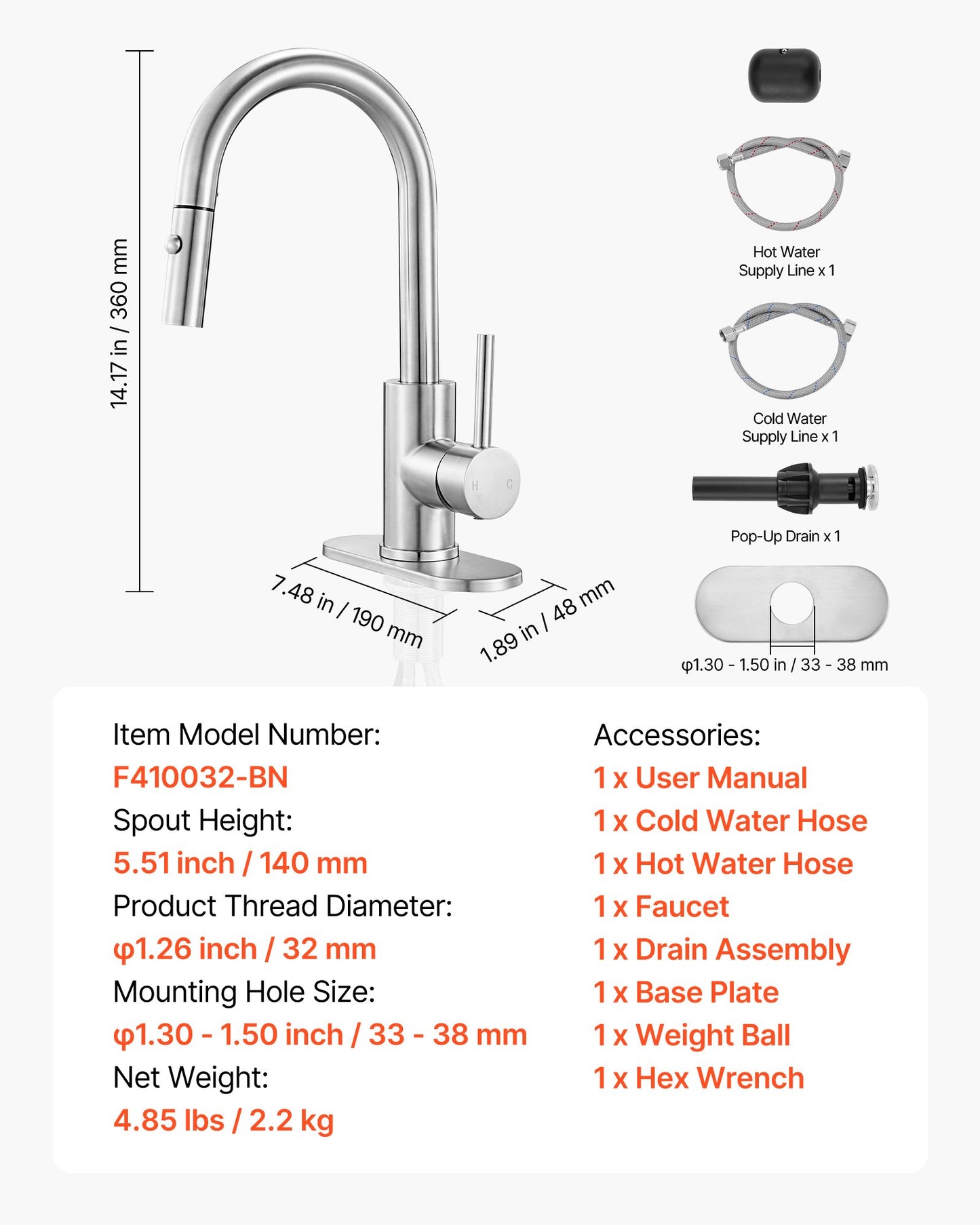 Single Handle Sink Faucet, Brushed Nickel Kitchen Faucet with Pull Down Sprayer, Suitable for Bathroom, RV, Bar Sink, Public Restroom, Stream & Spray Dual Water Flow Modes, Leak-Proof Valve