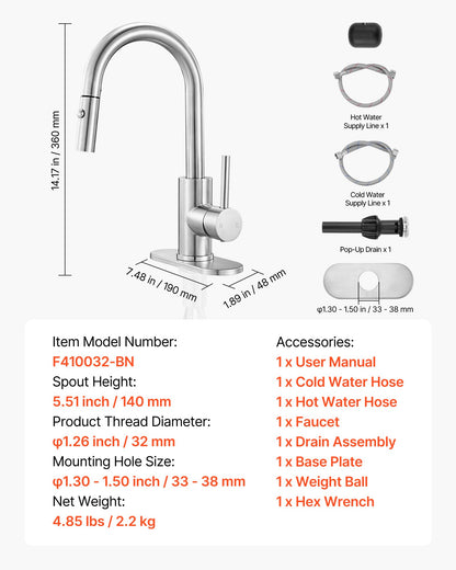 Single Handle Sink Faucet, Brushed Nickel Kitchen Faucet with Pull Down Sprayer, Suitable for Bathroom, RV, Bar Sink, Public Restroom, Stream & Spray Dual Water Flow Modes, Leak-Proof Valve
