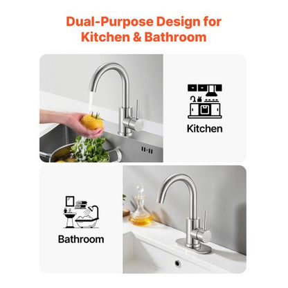 Enkelgreppsblandare för handfat, borstad nickel, enkelgreppsblandare för badrum, köksvattenblandare med stänkskydd, lämplig för badrum, husbil, bardiskho, offentlig toalett, hög pip |  EU