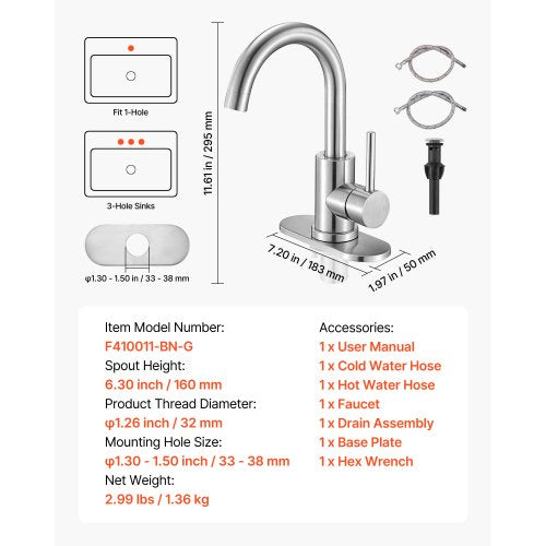 Enkelgreppsblandare för handfat, borstad nickel, enkelgreppsblandare för badrum, köksvattenblandare med stänkskydd, lämplig för badrum, husbil, bardiskho, offentlig toalett, hög pip |  EU