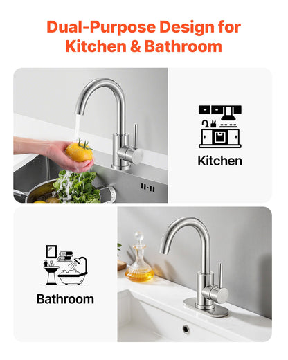 Single Handle Sink Faucet, Kitchen Faucet Brushed Nickel Single Handle, Kitchen Water Faucets with Anti-Splash Aerator, Suitable for Bathroom, RV, Bar Sink, Public Restroom, High Arc Spout