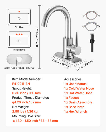 Single Handle Sink Faucet, Kitchen Faucet Brushed Nickel Single Handle, Kitchen Water Faucets with Anti-Splash Aerator, Suitable for Bathroom, RV, Bar Sink, Public Restroom, High Arc Spout