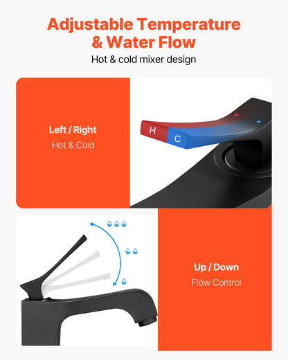 Single Handle Sink Faucet, Matte Black Finish Faucet Kitchen Sink, Kitchen Water Faucets with Push-Button Drain, Suitable for Bathroom, RV, Bar Sink, Public Restroom, Waterfall-Style Spout