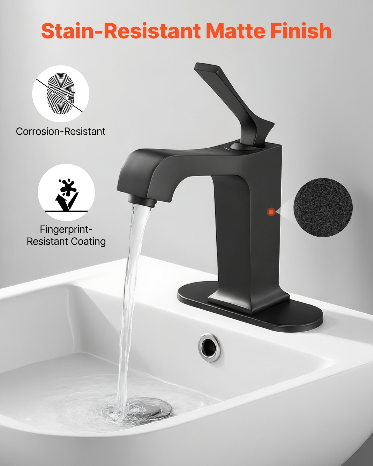 Single Handle Sink Faucet, Matte Black Finish Faucet Kitchen Sink, Kitchen Water Faucets with Push-Button Drain, Suitable for Bathroom, RV, Bar Sink, Public Restroom, Waterfall-Style Spout